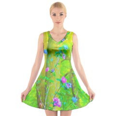 Hot Pink Abstract Rose Of Sharon On Bright Yellow V-neck Sleeveless Dress by myrubiogarden