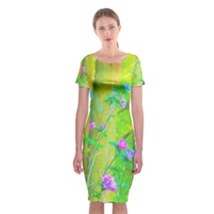 Hot Pink Abstract Rose Of Sharon On Bright Yellow Classic Short Sleeve Midi Dress by myrubiogarden