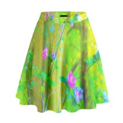 Hot Pink Abstract Rose Of Sharon On Bright Yellow High Waist Skirt by myrubiogarden