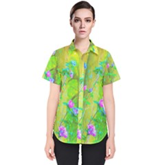 Hot Pink Abstract Rose Of Sharon On Bright Yellow Women s Short Sleeve Shirt