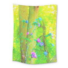 Hot Pink Abstract Rose Of Sharon On Bright Yellow Medium Tapestry by myrubiogarden