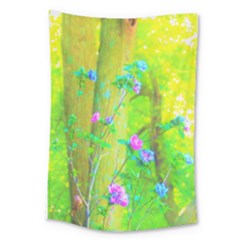 Hot Pink Abstract Rose Of Sharon On Bright Yellow Large Tapestry by myrubiogarden