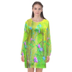 Hot Pink Abstract Rose Of Sharon On Bright Yellow Long Sleeve Chiffon Shift Dress  by myrubiogarden