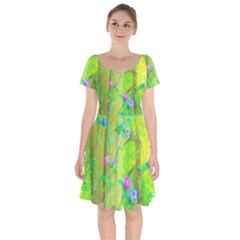 Hot Pink Abstract Rose Of Sharon On Bright Yellow Short Sleeve Bardot Dress by myrubiogarden