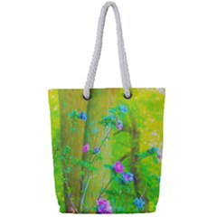 Hot Pink Abstract Rose Of Sharon On Bright Yellow Full Print Rope Handle Tote (small) by myrubiogarden