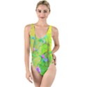 Hot Pink Abstract Rose Of Sharon On Bright Yellow High Leg Strappy Swimsuit View1