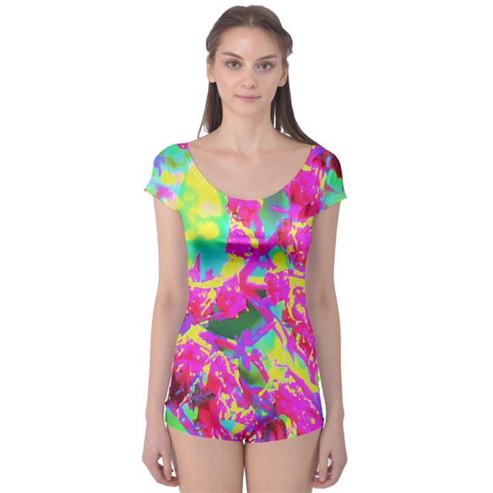 Psychedelic Succulent Sedum Turquoise And Yellow Boyleg Leotard 