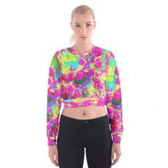 Psychedelic Succulent Sedum Turquoise And Yellow Cropped Sweatshirt by myrubiogarden