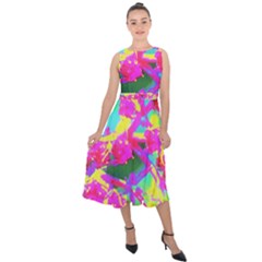 Psychedelic Succulent Sedum Turquoise And Yellow Midi Tie-back Chiffon Dress by myrubiogarden