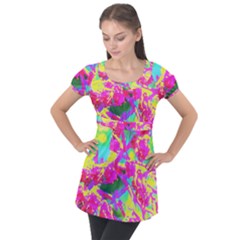 Psychedelic Succulent Sedum Turquoise And Yellow Puff Sleeve Tunic Top by myrubiogarden