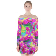 Psychedelic Succulent Sedum Turquoise And Yellow Long Sleeve Off Shoulder Dress by myrubiogarden