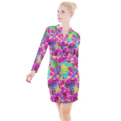 Psychedelic Succulent Sedum Turquoise And Yellow Button Long Sleeve Dress by myrubiogarden