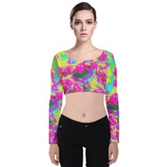 Psychedelic Succulent Sedum Turquoise And Yellow Velvet Long Sleeve Crop Top by myrubiogarden