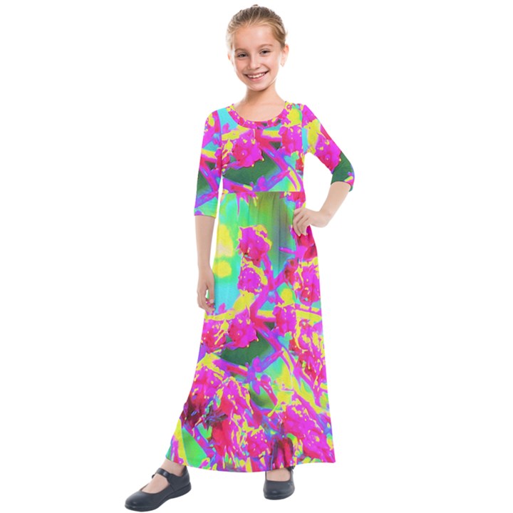 Psychedelic Succulent Sedum Turquoise And Yellow Kids  Quarter Sleeve Maxi Dress