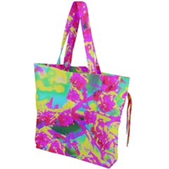 Psychedelic Succulent Sedum Turquoise And Yellow Drawstring Tote Bag by myrubiogarden