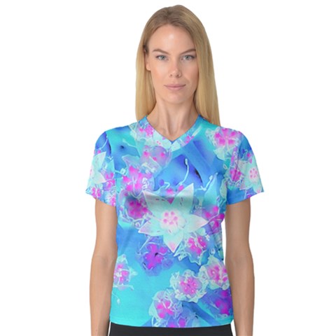 Blue And Hot Pink Succulent Underwater Sedum V-neck Sport Mesh Tee by myrubiogarden