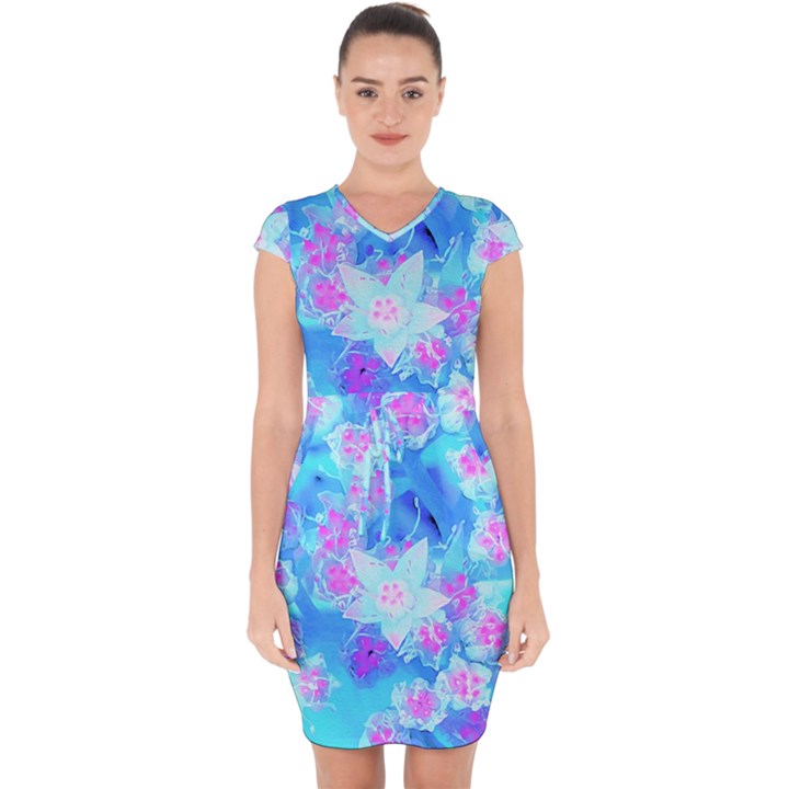 Blue And Hot Pink Succulent Underwater Sedum Capsleeve Drawstring Dress 