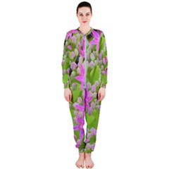 Hot Pink Succulent Sedum With Fleshy Green Leaves Onepiece Jumpsuit (ladies)  by myrubiogarden