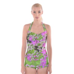 Hot Pink Succulent Sedum With Fleshy Green Leaves Boyleg Halter Swimsuit  by myrubiogarden