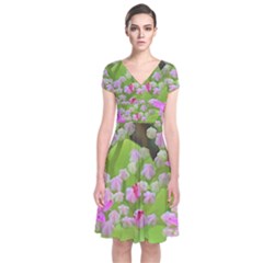 Hot Pink Succulent Sedum With Fleshy Green Leaves Short Sleeve Front Wrap Dress by myrubiogarden