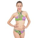 Hot Pink Succulent Sedum With Fleshy Green Leaves High Neck Bikini Set View1