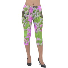 Hot Pink Succulent Sedum With Fleshy Green Leaves Lightweight Velour Capri Leggings  by myrubiogarden