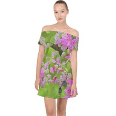 Hot Pink Succulent Sedum With Fleshy Green Leaves Off Shoulder Chiffon Dress