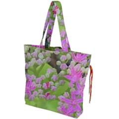 Hot Pink Succulent Sedum With Fleshy Green Leaves Drawstring Tote Bag by myrubiogarden