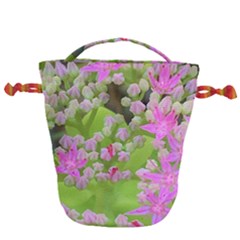 Hot Pink Succulent Sedum With Fleshy Green Leaves Drawstring Bucket Bag by myrubiogarden