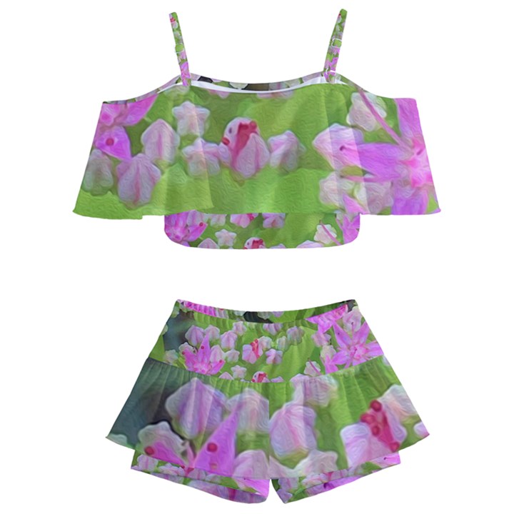 Hot Pink Succulent Sedum With Fleshy Green Leaves Kids  Off Shoulder Skirt Bikini