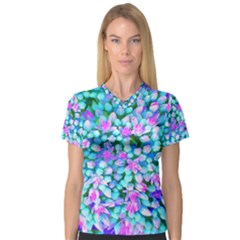 Blue And Hot Pink Succulent Sedum Flowers Detail V-neck Sport Mesh Tee