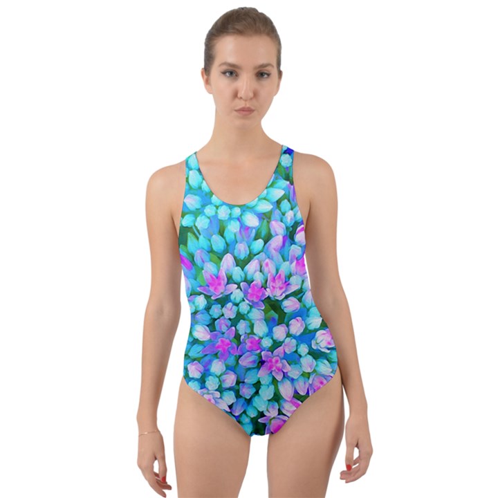 Blue And Hot Pink Succulent Sedum Flowers Detail Cut-Out Back One Piece Swimsuit