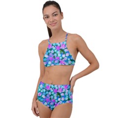 Blue And Hot Pink Succulent Sedum Flowers Detail High Waist Tankini Set