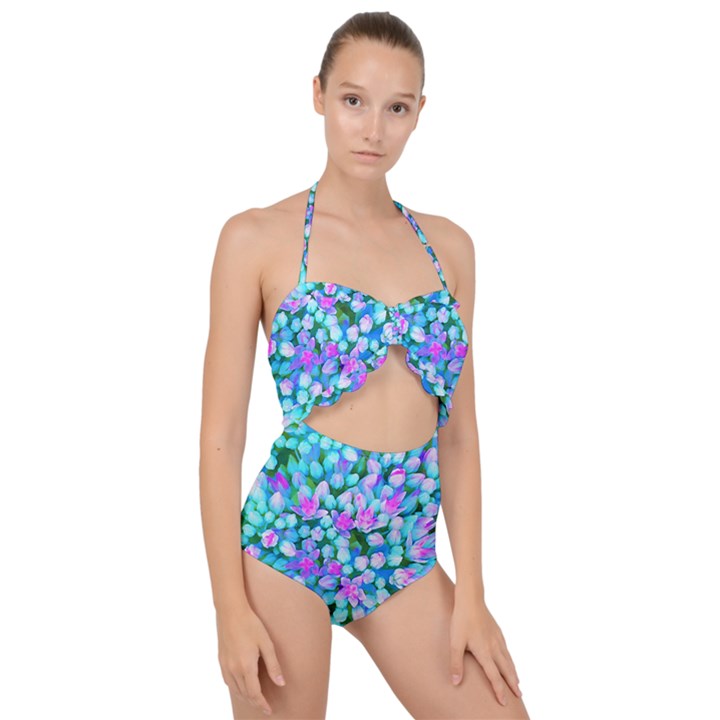 Blue And Hot Pink Succulent Sedum Flowers Detail Scallop Top Cut Out Swimsuit