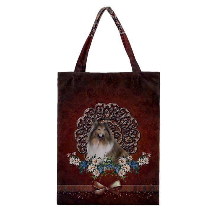 Cute Collie With Flowers On Vintage Background Classic Tote Bag