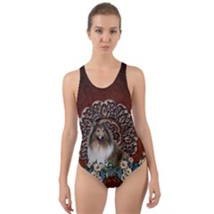 Cute Collie With Flowers On Vintage Background Cut-out Back One Piece Swimsuit by FantasyWorld7