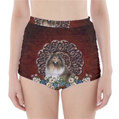 Cute Collie With Flowers On Vintage Background High-waisted Bikini Bottoms by FantasyWorld7