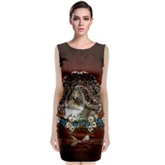 Cute Collie With Flowers On Vintage Background Classic Sleeveless Midi Dress by FantasyWorld7