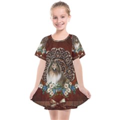 Cute Collie With Flowers On Vintage Background Kids  Smock Dress by FantasyWorld7