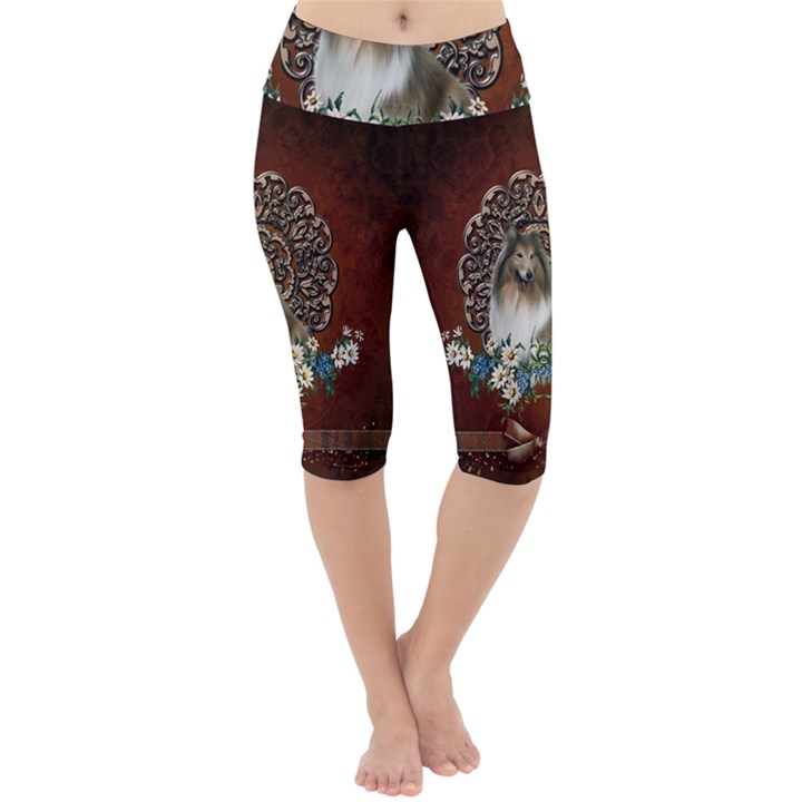 Cute Collie With Flowers On Vintage Background Lightweight Velour Cropped Yoga Leggings