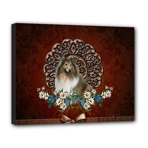 Cute Collie With Flowers On Vintage Background Canvas 14  X 11  (stretched) by FantasyWorld7