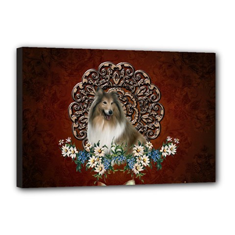 Cute Collie With Flowers On Vintage Background Canvas 18  X 12  (stretched) by FantasyWorld7