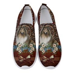 Cute Collie With Flowers On Vintage Background Women s Slip On Sneakers