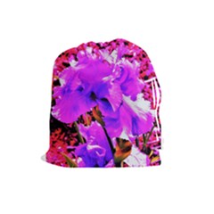 Abstract Ultra Violet Purple Iris On Red And Pink Drawstring Pouch (large) by myrubiogarden