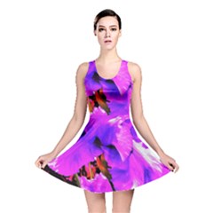 Abstract Ultra Violet Purple Iris On Red And Pink Reversible Skater Dress by myrubiogarden