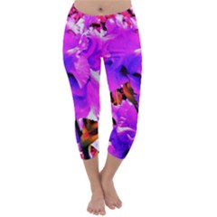 Abstract Ultra Violet Purple Iris On Red And Pink Capri Winter Leggings  by myrubiogarden