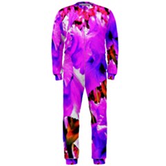 Abstract Ultra Violet Purple Iris On Red And Pink Onepiece Jumpsuit (men)  by myrubiogarden