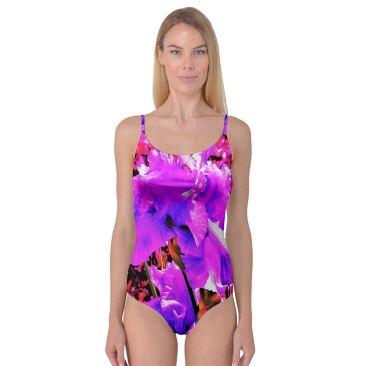 Abstract Ultra Violet Purple Iris On Red And Pink Camisole Leotard 