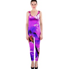 Abstract Ultra Violet Purple Iris On Red And Pink One Piece Catsuit by myrubiogarden