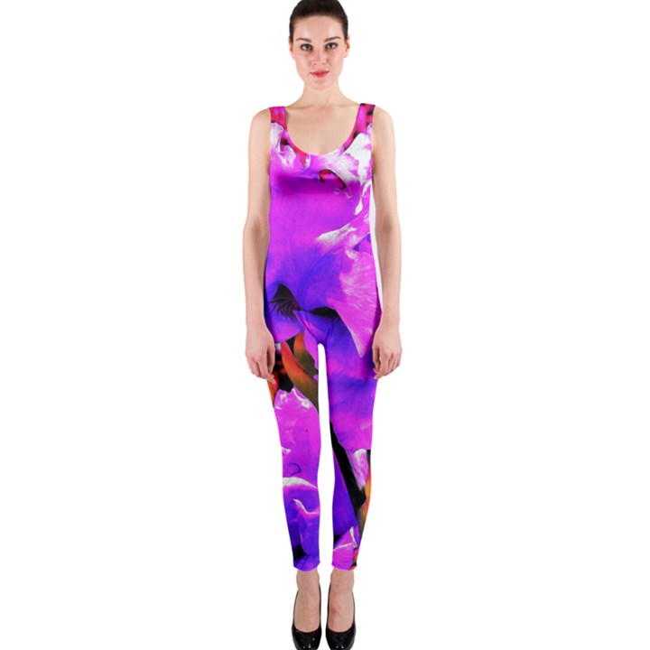 Abstract Ultra Violet Purple Iris On Red And Pink One Piece Catsuit